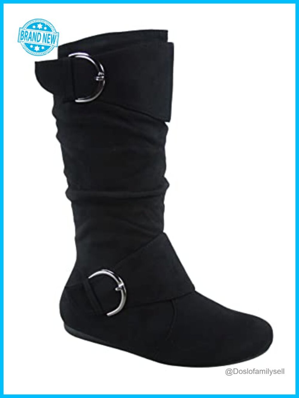 Faux Suede Slouch Mid-Calf Boot Round Toe Side Zip Flat Heel